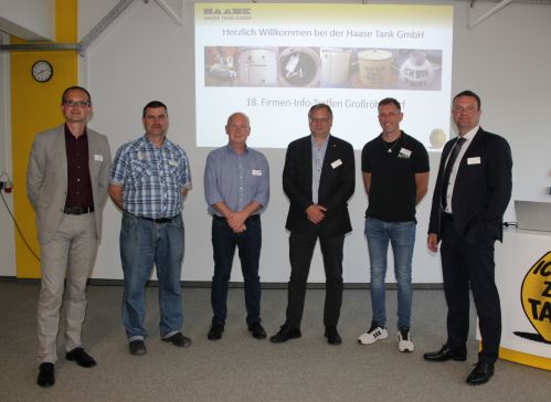 Die Referenten zum Firmen-Info-Treffen: André Riffel (Wirtschaftsförderer Stadt Großröhrsdorf); Tino Vilsmeier, Thomas Falkenbach und Thomas Wobst (Geschäftsführung Haase Tank GmbH), Tim Fronzek (CEO Nosh.bio GmbH), Stefan Schneider (Bürgermeister Stadt Großröhrsdorf) (v.l.n.r.)
